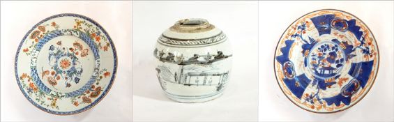 A Chinese Ming ginger jar (no lid), with stylised lakeside decoration in underglaze blue,