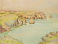 Oil painting on panel of coastal scene, signed indistinctly,