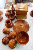 A quantity of Moroccan decorative thuya wood to include circular lidded pots, bowls, inlaid caskets,