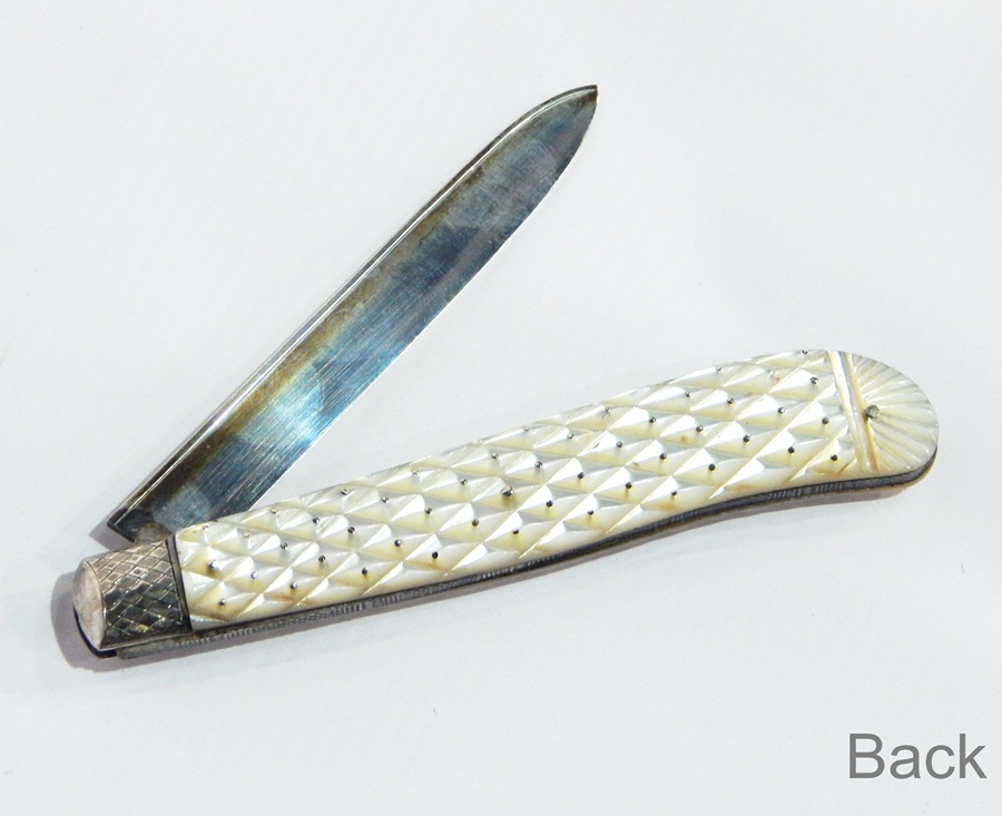 Victorian mother-of-pearl mounted silver fruit knife with lozenge engraved mother-of-pearl handle - Image 2 of 3