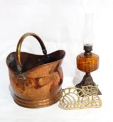 A copper coal scuttle, brass jam pan, oil lamp, quantity boxes, etc.