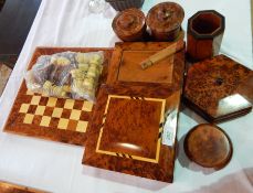 A quantity of Moroccan decorative thuya wood to include inlaid chess board and pieces, boxes,