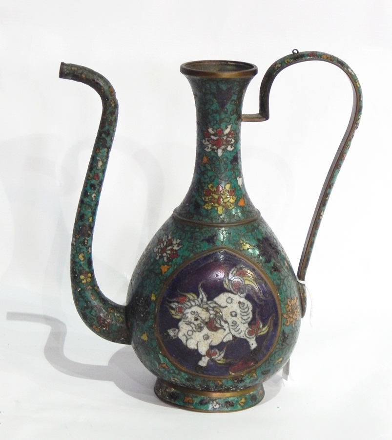 Antique Chinese cloisonne coffee pot in turquoise blue and floral decoration with raised dark blue