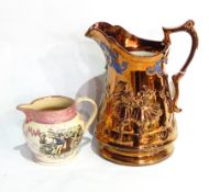 Large copper lustre pottery jug, relief decorated with Highland dancers,