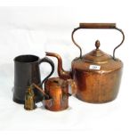 An old copper kettle, a copper dish, a vase, a watering can,