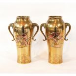 Pair of Japanese bronze two handled vases, slender ovoid,