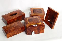 A collection of Moroccan thuya wood boxes to include a tissue box,