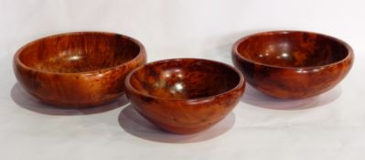 Three large Moroccan thuya wood fruit bowls of various sizes