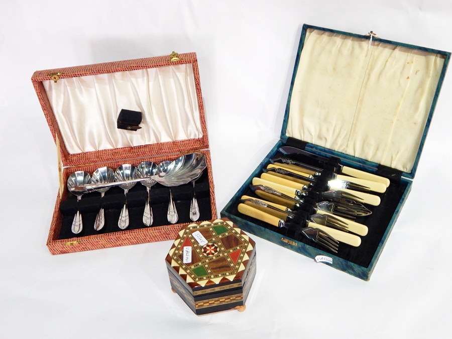 A stainless steel dessert set, boxed, comprising spoons and serving spoon,