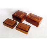 Two Moroccan thuya wood boxes with fitted interiors and a pair of rectangular boxes with ebony