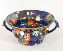 A Carltonware lustre two-handled bowl with handpainted decoration of fruits,