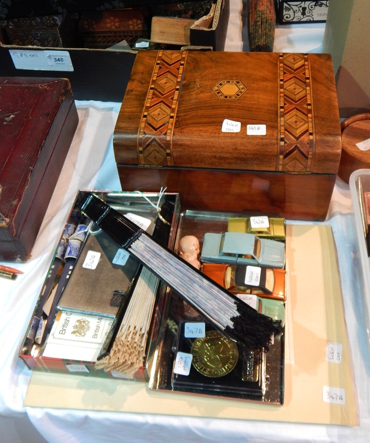 Parquetry inlaid sewing box together with various collectable items including diecast cars, stamps,
