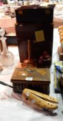 A Sorrento olive wood inlaid box, a shoe stretcher, a Rotary Club gavel,