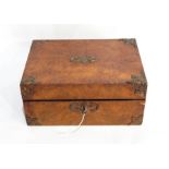 A burr walnut sewing box with brass decorative mounts, fitted interior with contents,