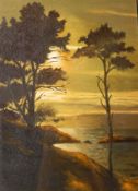 Oil on board, coastal scene with sunset,