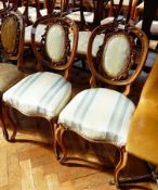 A set of three Victorian carved walnut dining chairs with upholstered panelled backs,
