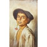 "David K" Oil on panel Head and shoulders portrait of boy with flower in his mouth,