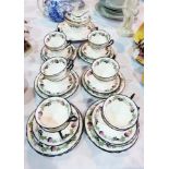 Shelley china teaset for eight persons with trailing rose borders, in pink, green and black,