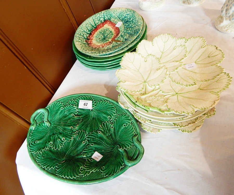 A quantity of Victorian and later leaf moulded pottery plates in varying colours