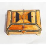 A collection of five Moroccan stained bone and polished stone inset caskets with brass mounts,