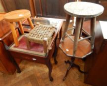 An Edwardian piano stool, with music compartment on cabriole legs, together with a wine table,