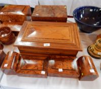 A collection of Moroccan decorative thuya wood to include large inlaid jewellery box,