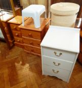 A pine bedside chest of three drawers, another small chest of three drawers,