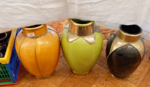 Three various Moroccan brightly coloured glazed and silver coloured metal mounted pottery vases