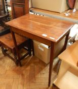 A rectangular hardwood side table on square tapering legs, a rush seated stool,