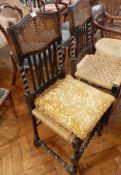A pair of stickback chairs with cane back and rush seats, on bobbin and block supports,