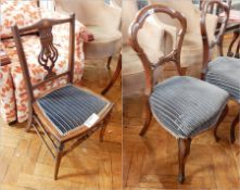 Five balloon back chairs on cabriole legs with blue and white striped suede seats together with a