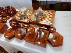 A collection of Moroccan decorative thuya wood to include two inlaid chess sets and pieces,
