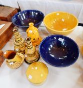 A quantity of Moroccan brightly glazed pottery bowls incised and decorative pottery jug,