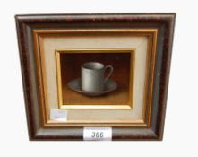 Joyce Seddon SWA (Contemporary) Oil on board Still life study of a coffee cup and saucer, signed,