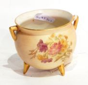 A Royal Worcester 'Blush Cauldron' pattern posy vase with gilt highlights, floral spray painted, 6.