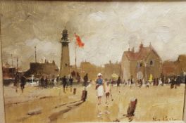 Roy Petley (b.1951) Oil on board "The Seaside", a busy scene, signed, 21.5cm x 31.