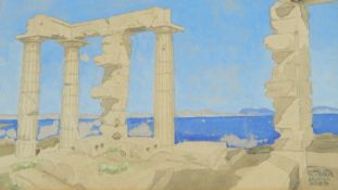 R Tourte Watercolour and pencil "Sounion, Greece", a view looking out to sea,