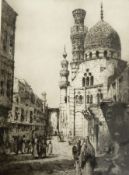 Albany E Howarth (1872-1936) Etching "The Blue Mosque, Cairo", a busy street scene,