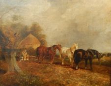 19th century English school Oil on canvas A ploughman with his horses in a landscape,