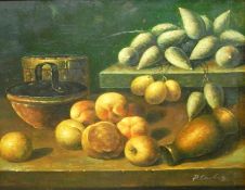 P Carlos (contemporary) Oil on board Study of fruit, signed,