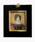 English school Miniature on ivory Head and shoulders portrait of a lady in black dress and peach
