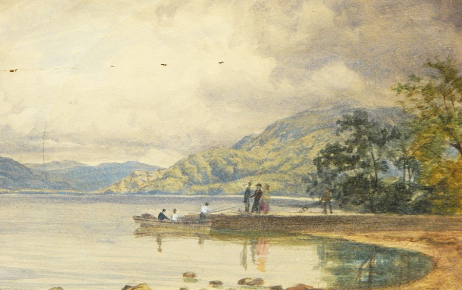 John Kemp (1833-1923) Watercolour drawing "Killarney", river landscape with figures, 20cm x 34cm,