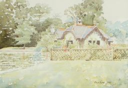 Frank Palmer Watercolour drawing Cottage in garden Body colour "On the Nile" H Nelson Watercolour