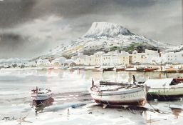 J Foster Watercolour A harbour scene in the snow, signed lower left,