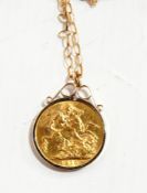 A gold sovereign, 1910, in 9ct gold pendant mount and on 9ct gold belcher link chain, 11.2g approx.
