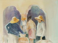 T Galan Ulla Watercolour drawing Spanish market scene with figures beside arches,