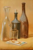 Baglioni Oil on canvas Still life study of carafes together with still life study of peaches,