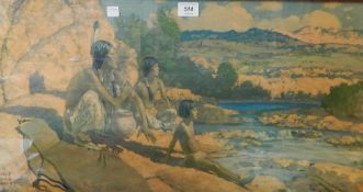 Colour print after Robert Wesley Aurick Red Indians seated on rocks,