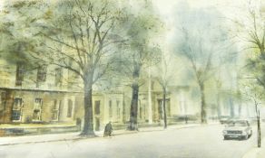 Ranson(?) (20th century school) Watercolour drawing Cyclist and car in tree lined street with