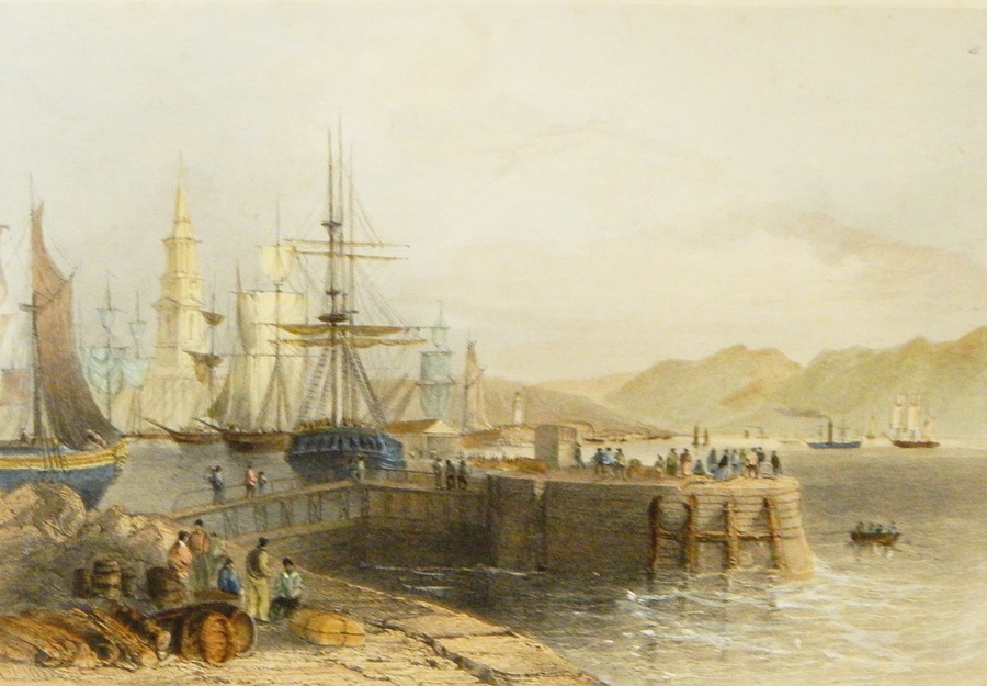 Coloured engravings of "New Bridge and Bromielaw, Glasgow" depicting boats on the water,